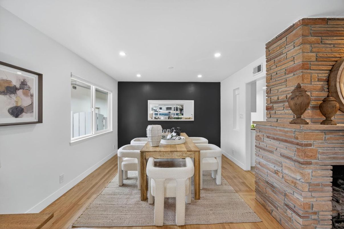 Dining room, Interior, Recessed Lighting, Stone Walls, Wood Texture Flooring
