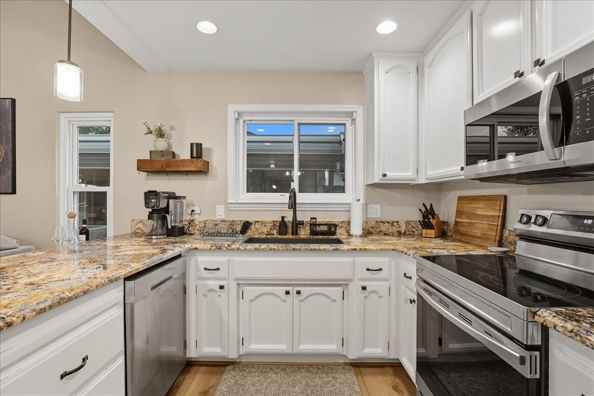 Interior, Kitchen, Pendant Lights, Recessed Lighting, Stainless Steel Appliances, Wood Texture Flooring