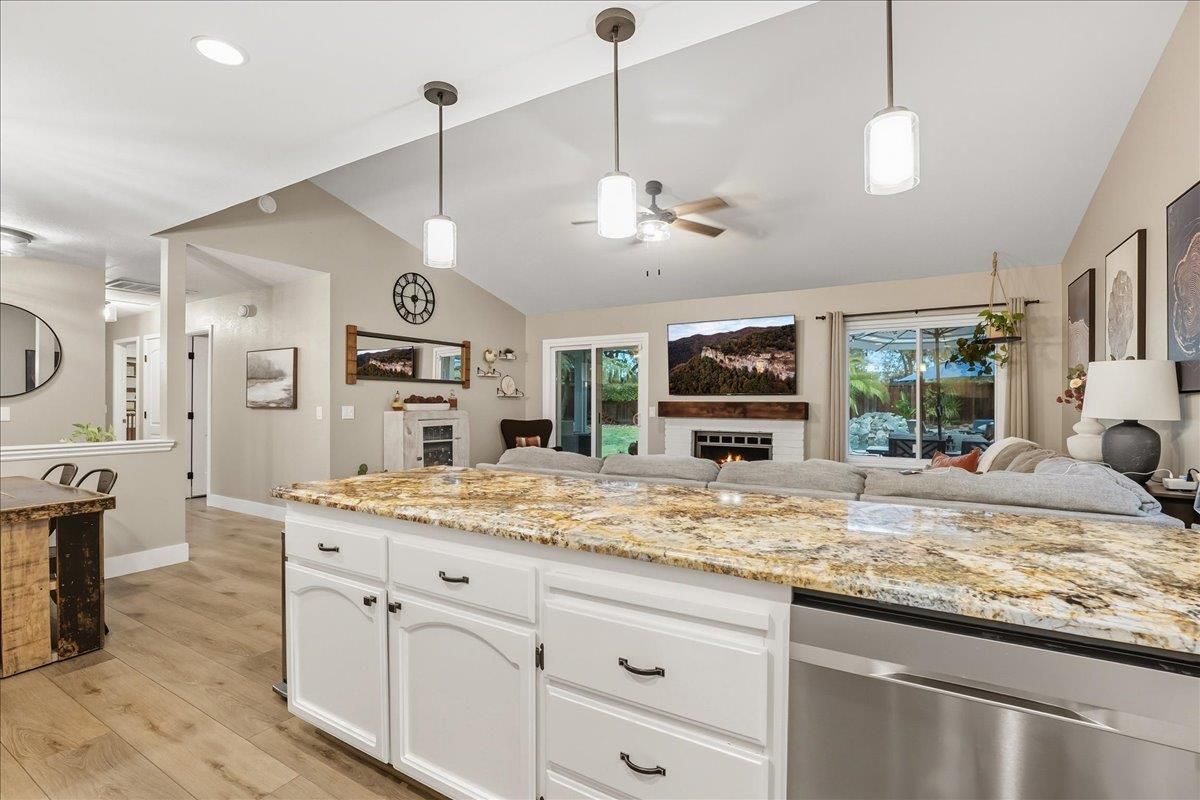 Fireplace, Interior, Kitchen, Living room, Pendant Lights, Recessed Lighting, Wood Texture Flooring