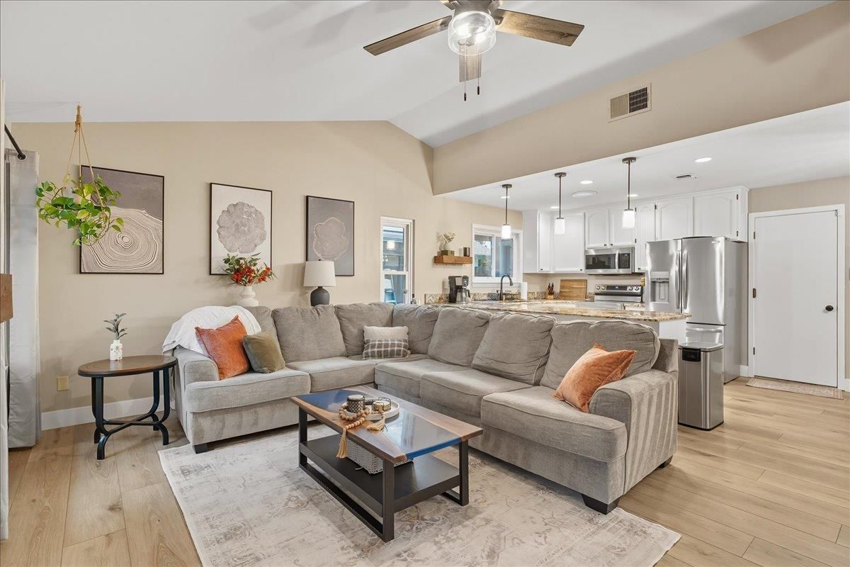 Interior, Kitchen, Living room, Pendant Lights, Recessed Lighting, Stainless Steel Appliances, Wood Texture Flooring