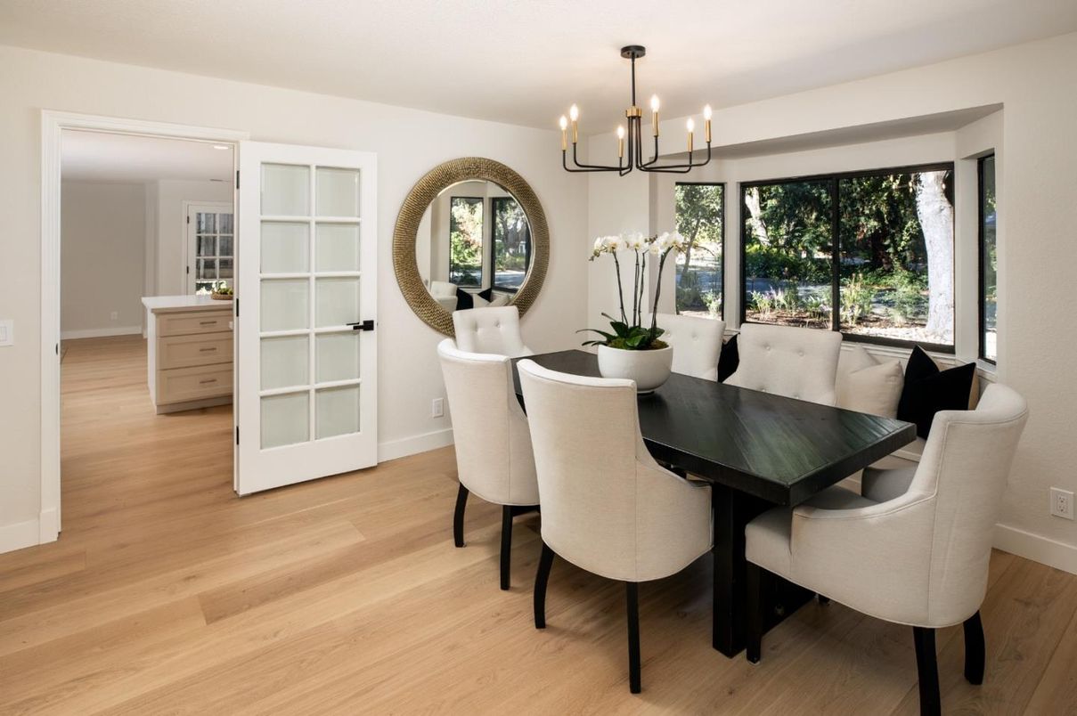 Chandelier, Dining room, Interior, Wood Texture Flooring