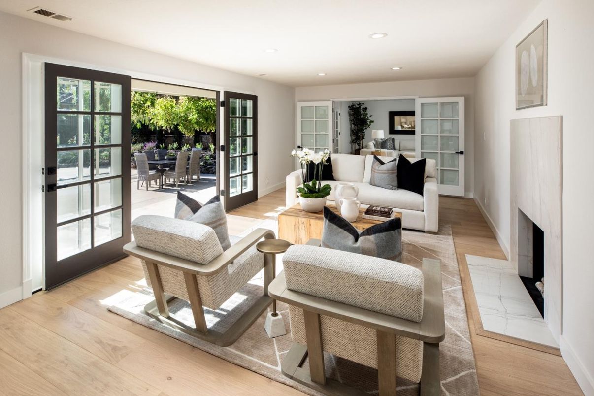 Dining room, Fireplace, Interior, Living room, Recessed Lighting, Wood Texture Flooring