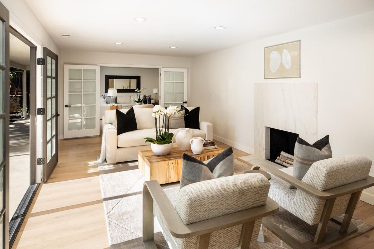 Fireplace, Interior, Living room, Recessed Lighting, Wood Texture Flooring