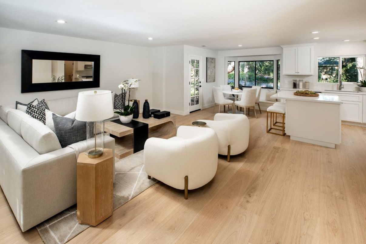 Dining room, Interior, Kitchen, Living room, Recessed Lighting, Wood Texture Flooring