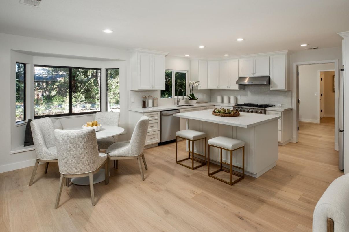 Dining room, Interior, Kitchen, Recessed Lighting, Stainless Steel Appliances, Wood Texture Flooring