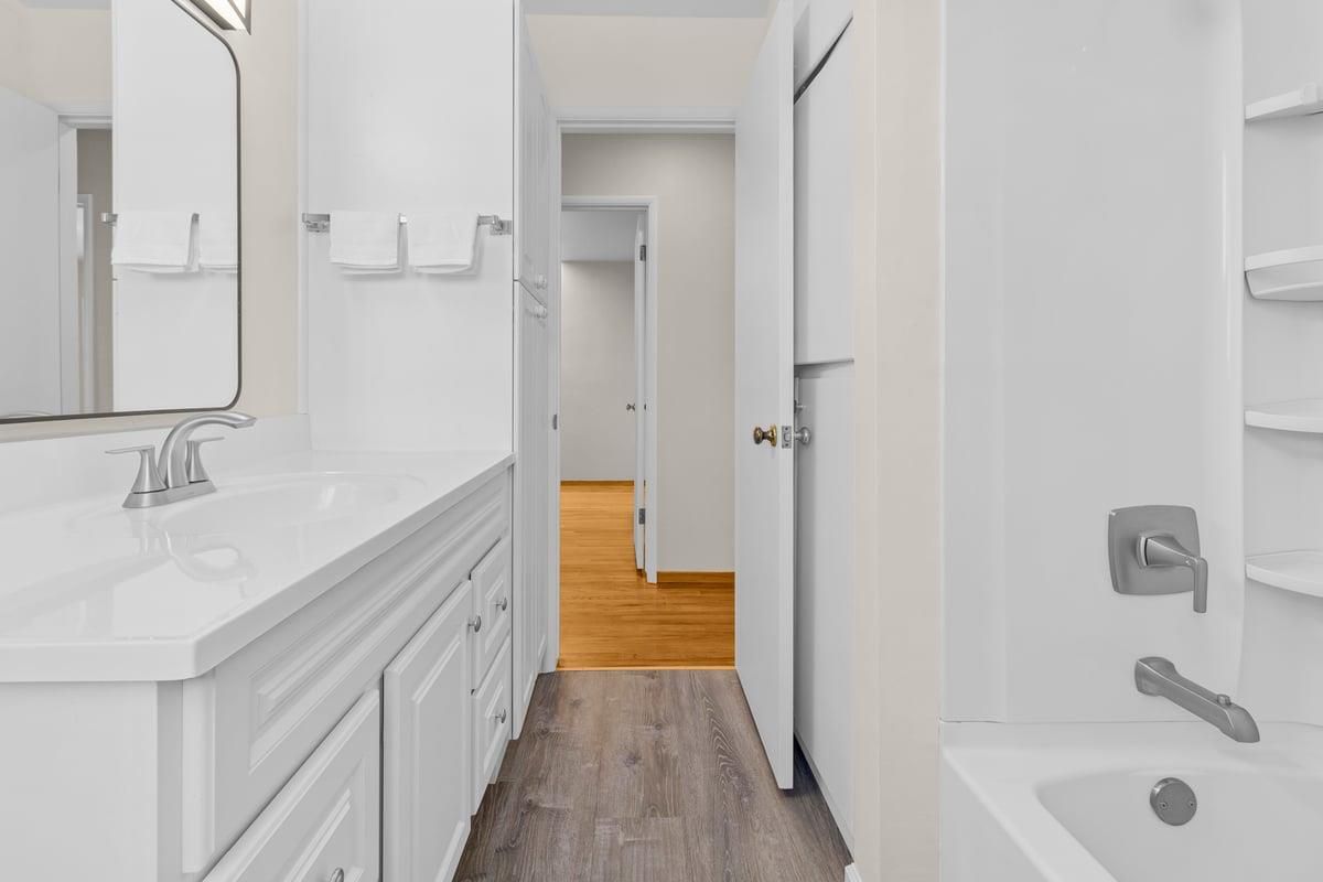 Bathroom, Dual Sink Vanities, Interior, Wood Texture Flooring