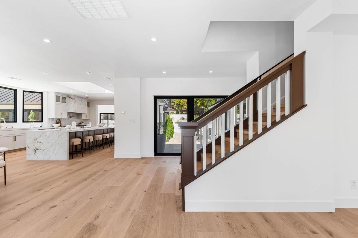 Interior, Kitchen, Marble Walls, Recessed Lighting, Wood Texture Flooring