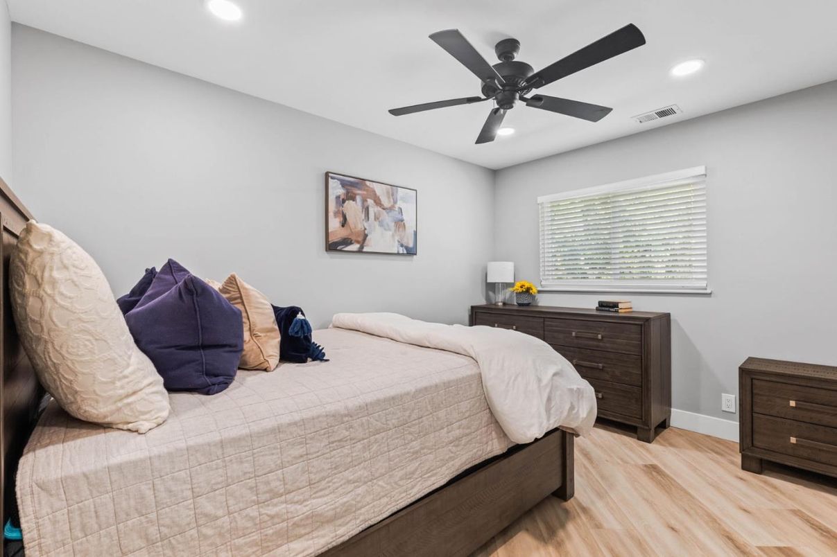 Bedroom, Interior, Recessed Lighting, Wood Texture Flooring