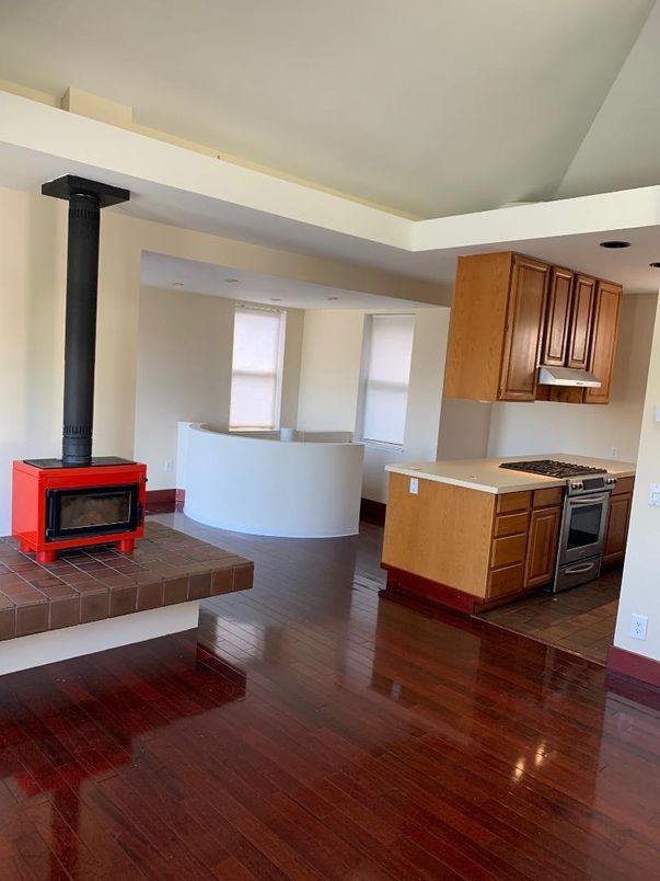 Fireplace, Interior, Kitchen, Recessed Lighting, Wood Texture Flooring
