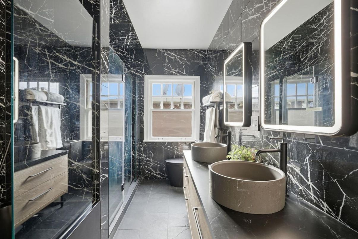 Bathroom, Dual Sink Vanities, Free Standing Baths, Glass Shower, Interior, Marble Walls