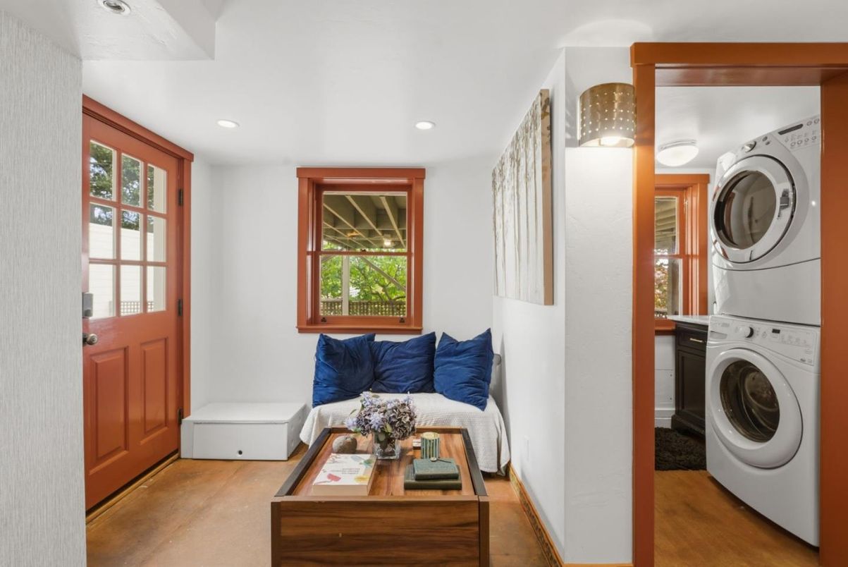 Interior, Living room, Recessed Lighting, Utility Closets, Washer, Wood Texture Flooring