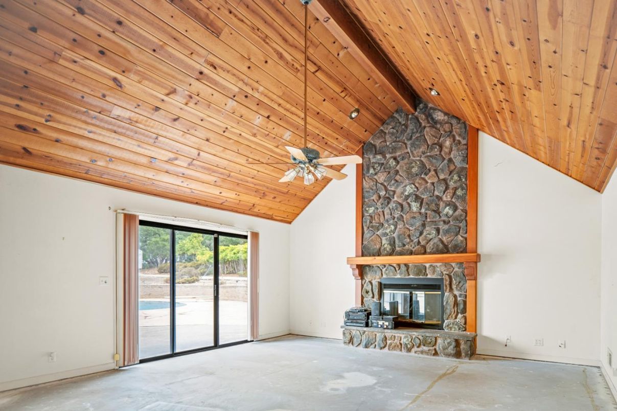 Empty room, Fireplace, Interior, Stone Walls, Wooden Beams, Wooden Ceilings, Wooden Walls