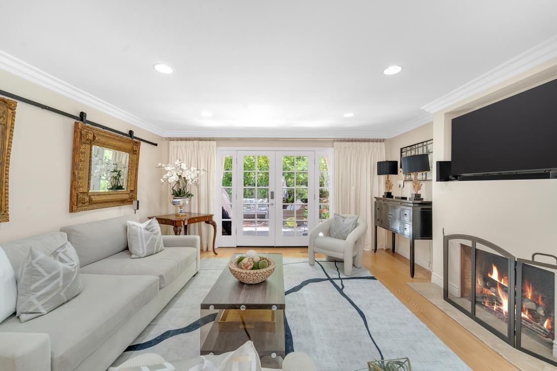 Dining room, Fireplace, Interior, Living room, Recessed Lighting, Wood Texture Flooring