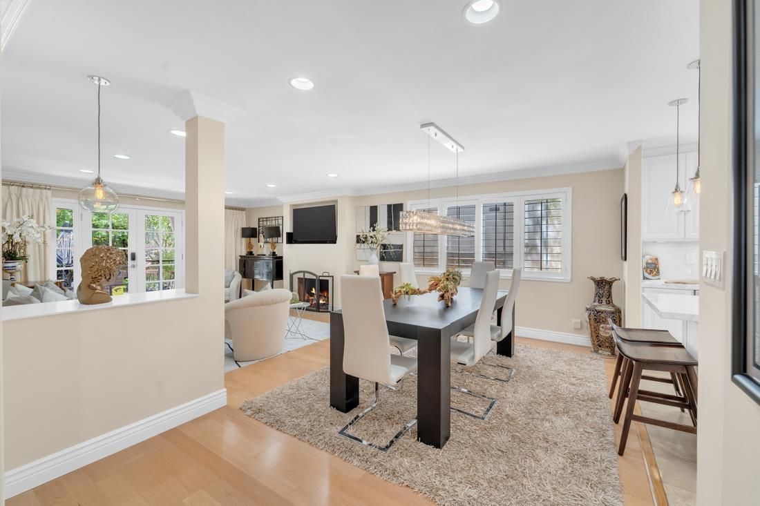 Dining room, Fireplace, Interior, Living room, Pendant Lights, Recessed Lighting, Wood Texture Flooring
