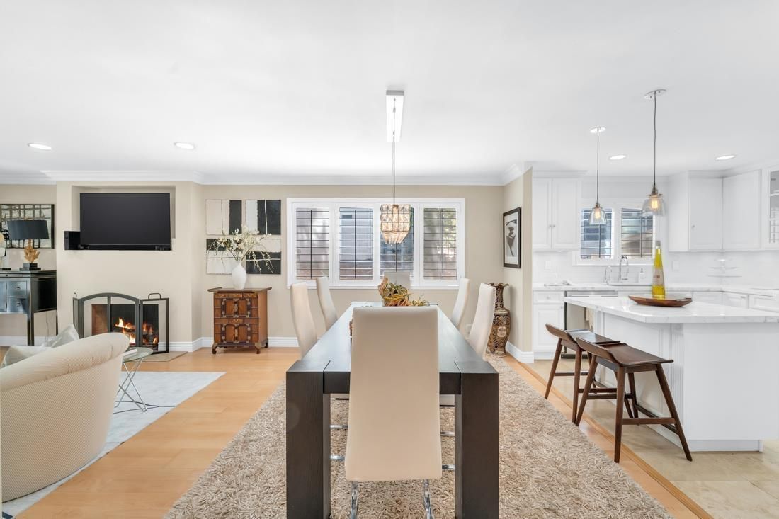 Dining room, Fireplace, Interior, Kitchen, Pendant Lights, Recessed Lighting, Wood Texture Flooring