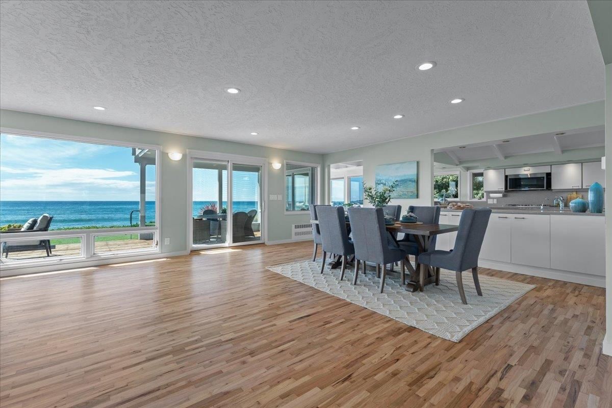 Dining room, Interior, Kitchen, Recessed Lighting, Water, Wood Texture Flooring
