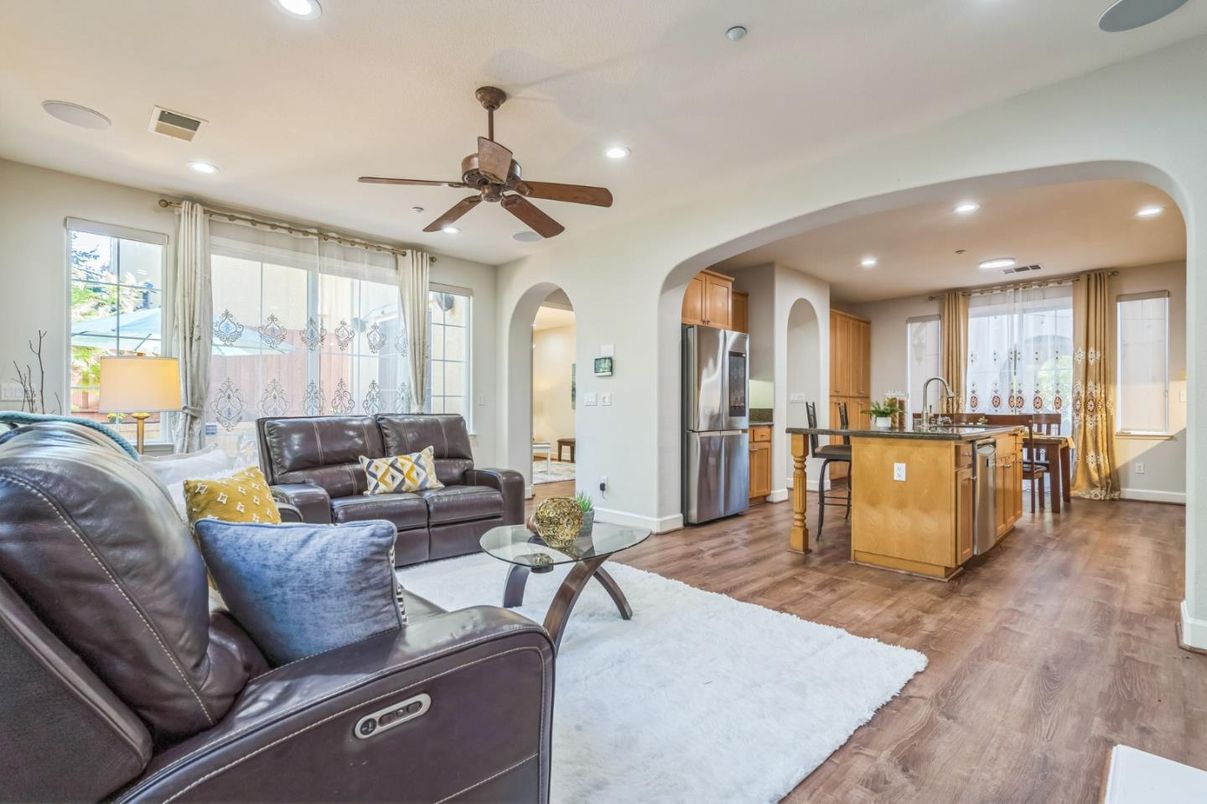 Dining room, Interior, Kitchen, Living room, Recessed Lighting, Stainless Steel Appliances, Wood Texture Flooring