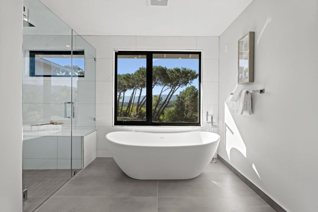 Bathroom, Free Standing Baths, Glass Shower, Interior, Marble Walls