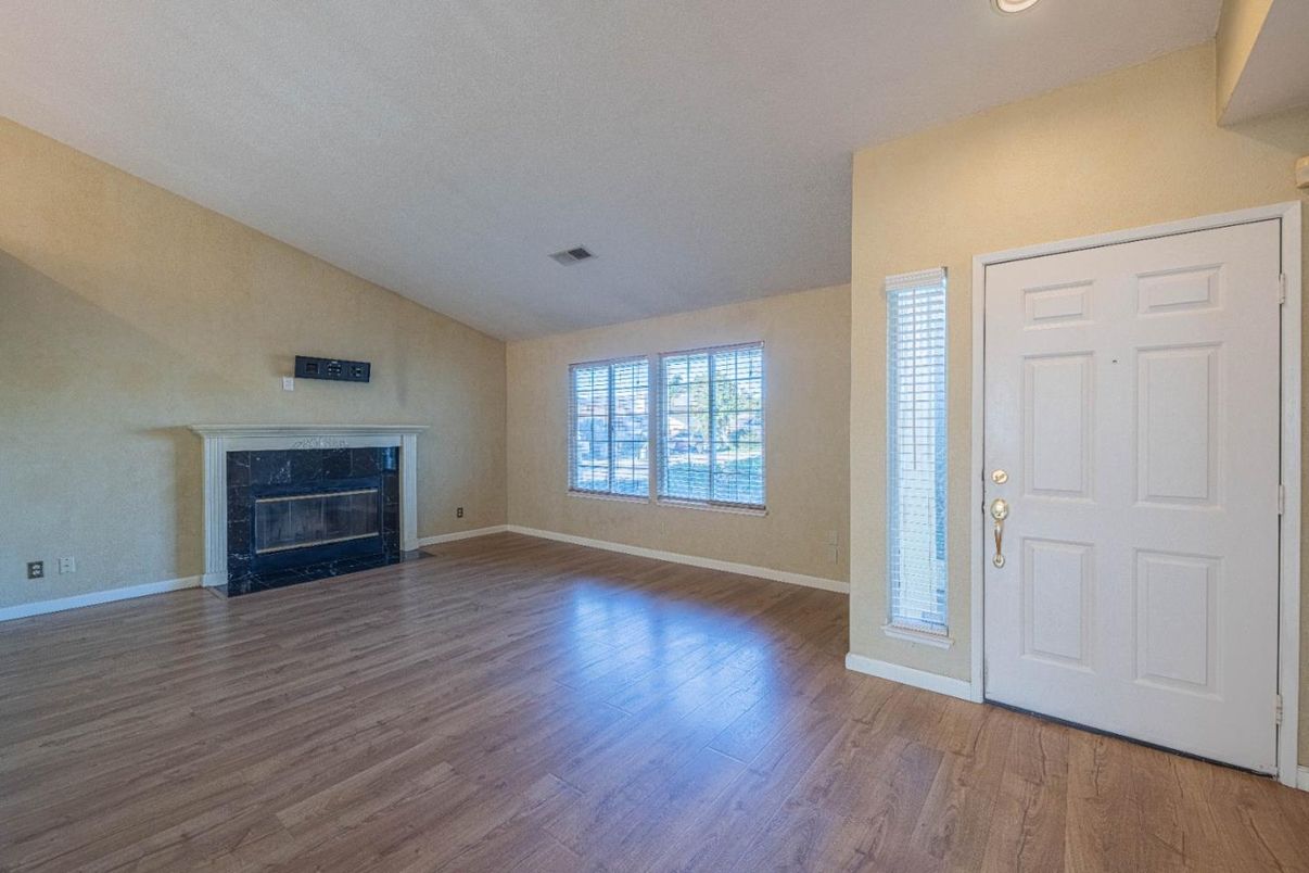 Empty room, Fireplace, Interior, Recessed Lighting, Wood Texture Flooring