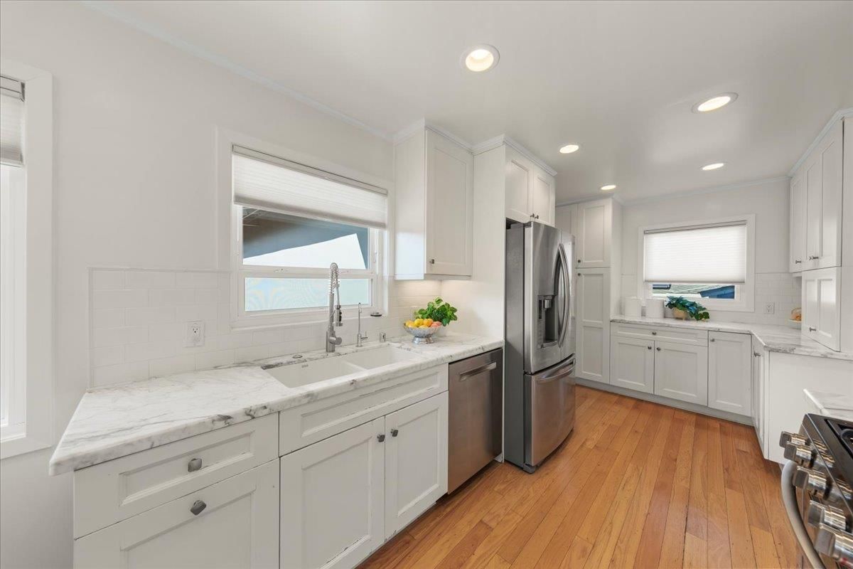 Interior, Kitchen, Recessed Lighting, Stainless Steel Appliances, Wood Texture Flooring