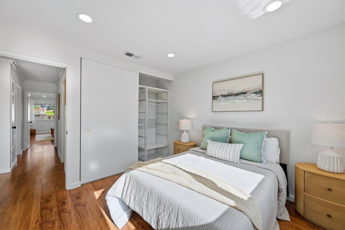 Bedroom, Interior, Recessed Lighting, Wood Texture Flooring