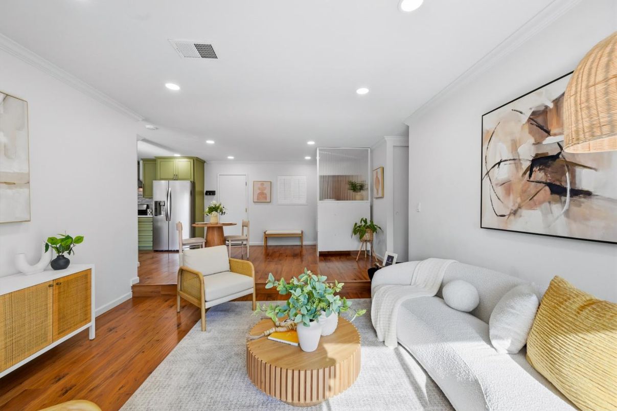 Interior, Kitchen, Living room, Recessed Lighting, Stainless Steel Appliances, Wood Texture Flooring