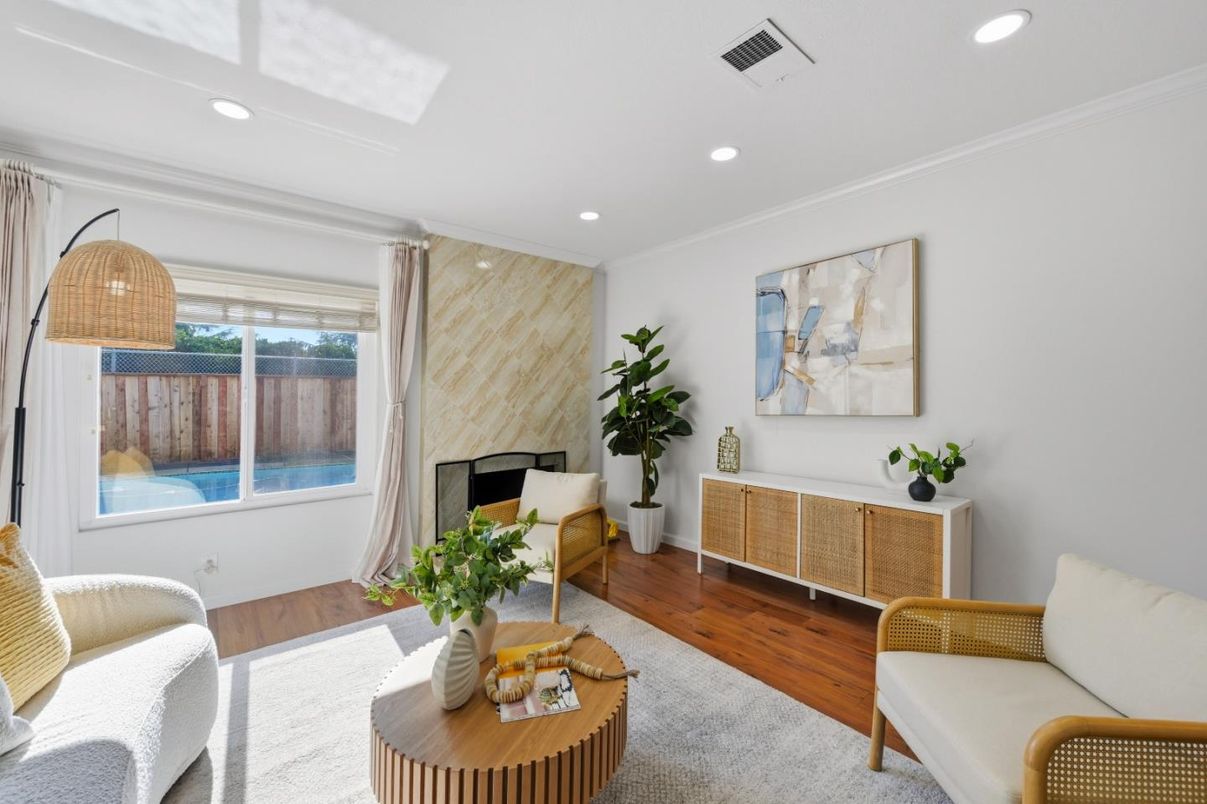 Fireplace, Interior, Living room, Recessed Lighting, Wood Texture Flooring