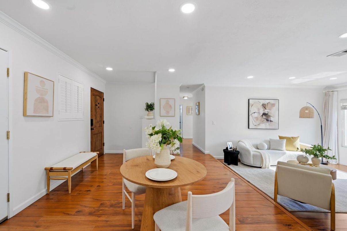 Dining room, Interior, Living room, Recessed Lighting, Wood Texture Flooring