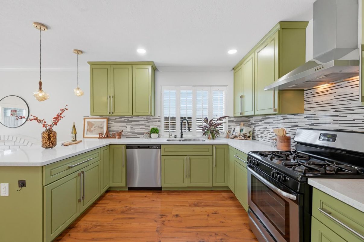 Interior, Kitchen, Pendant Lights, Recessed Lighting, Stainless Steel Appliances, Wood Texture Flooring