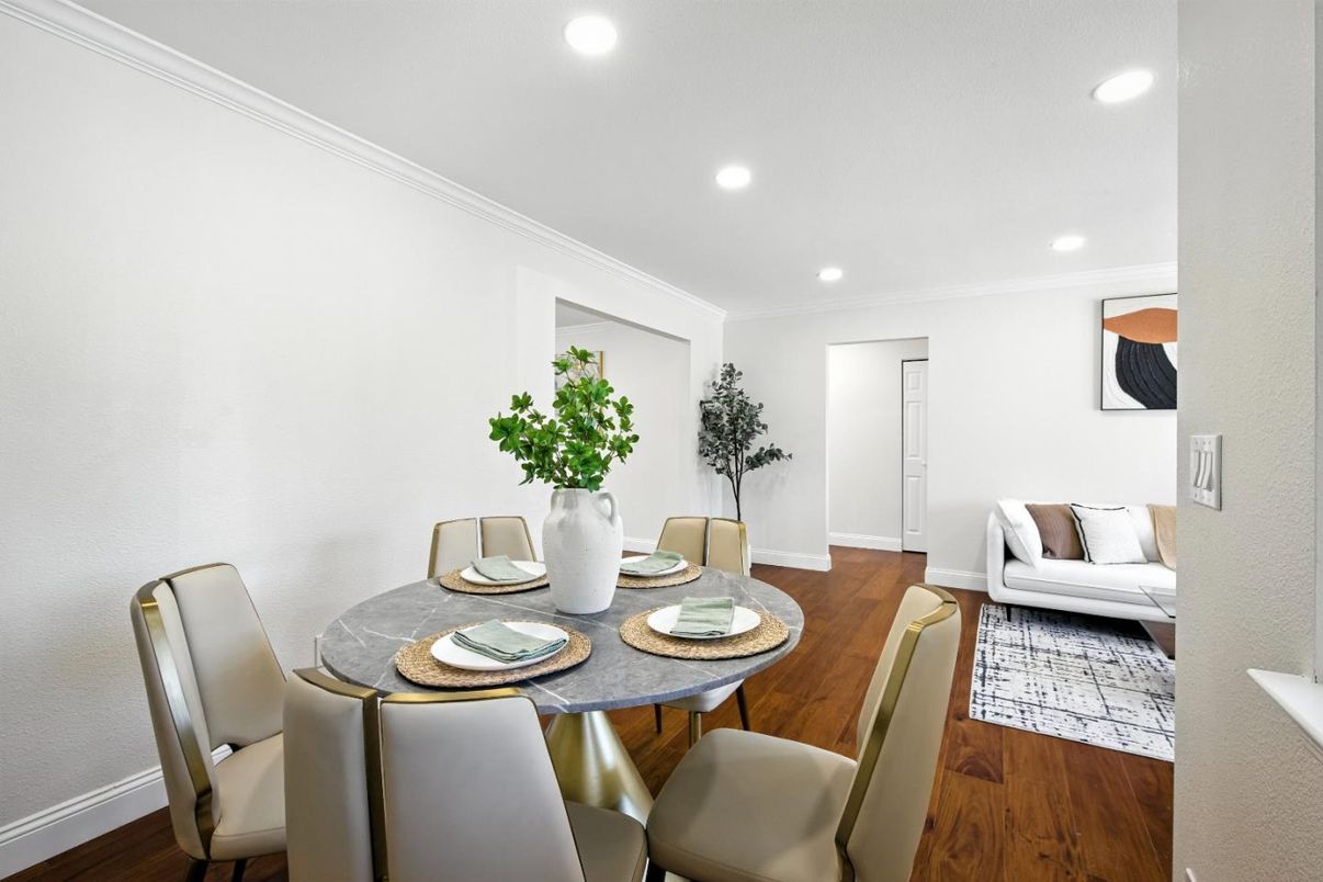 Dining room, Interior, Recessed Lighting, Wood Texture Flooring