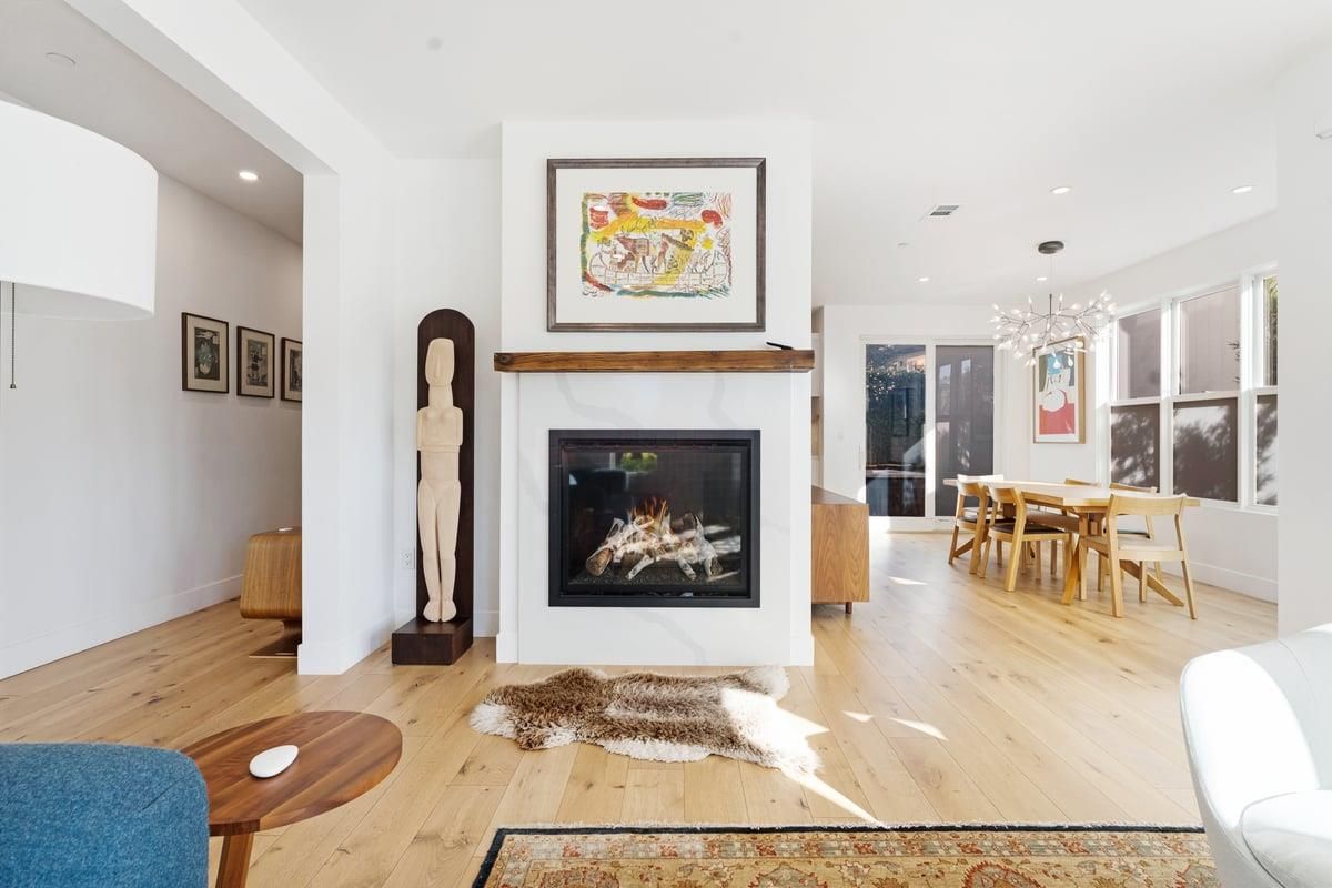 Dining room, Fireplace, Interior, Pendant Lights, Recessed Lighting, Wood Texture Flooring