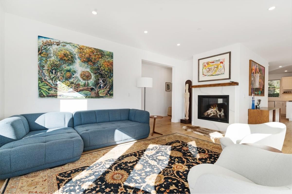 Fireplace, Interior, Living room, Recessed Lighting, Wood Texture Flooring