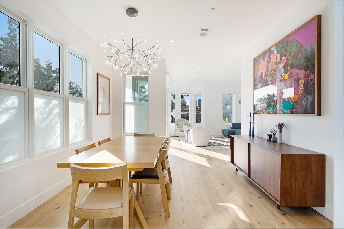 Dining room, Interior, Pendant Lights, Recessed Lighting, Wood Texture Flooring
