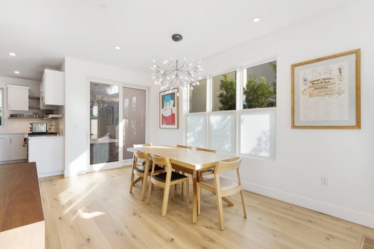 Dining room, Interior, Kitchen, Pendant Lights, Recessed Lighting, Wood Texture Flooring