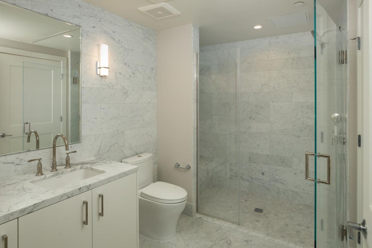 Bathroom, Glass Shower, Interior, Marble, Marble Walls, Recessed Lighting