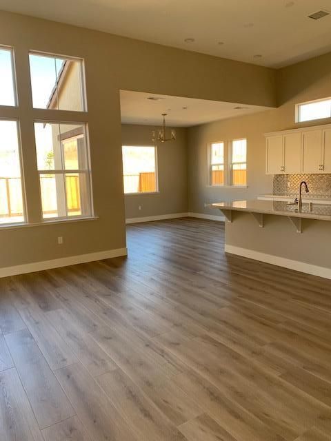 Chandelier, Empty room, Interior, Kitchen, Wood Texture Flooring