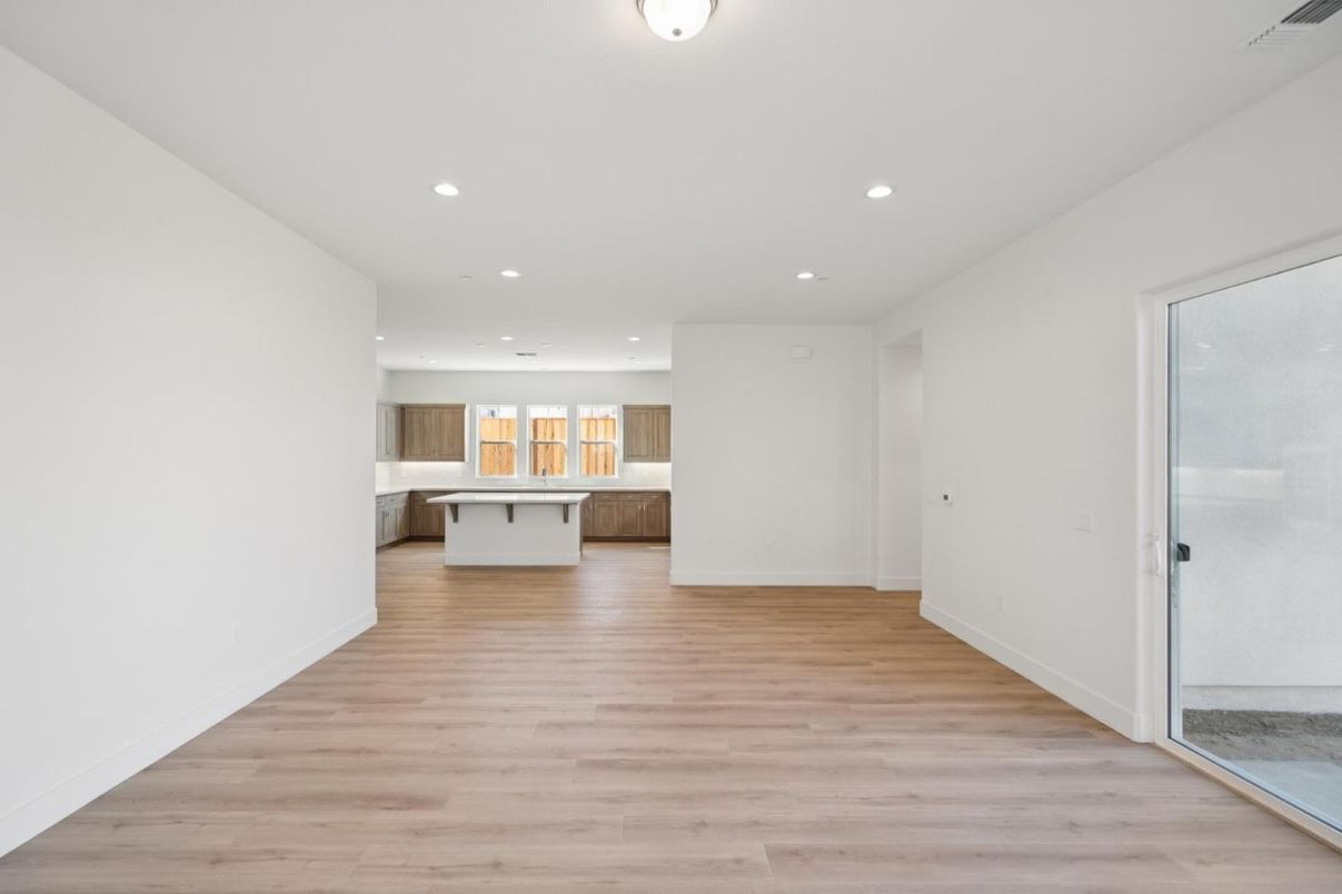 Empty room, Interior, Kitchen, Recessed Lighting, Wood Texture Flooring