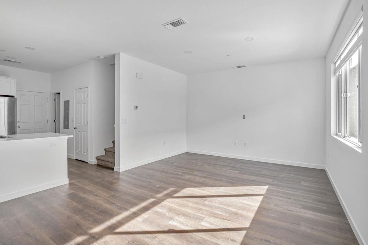 Empty room, Interior, Kitchen, Recessed Lighting, Wood Texture Flooring