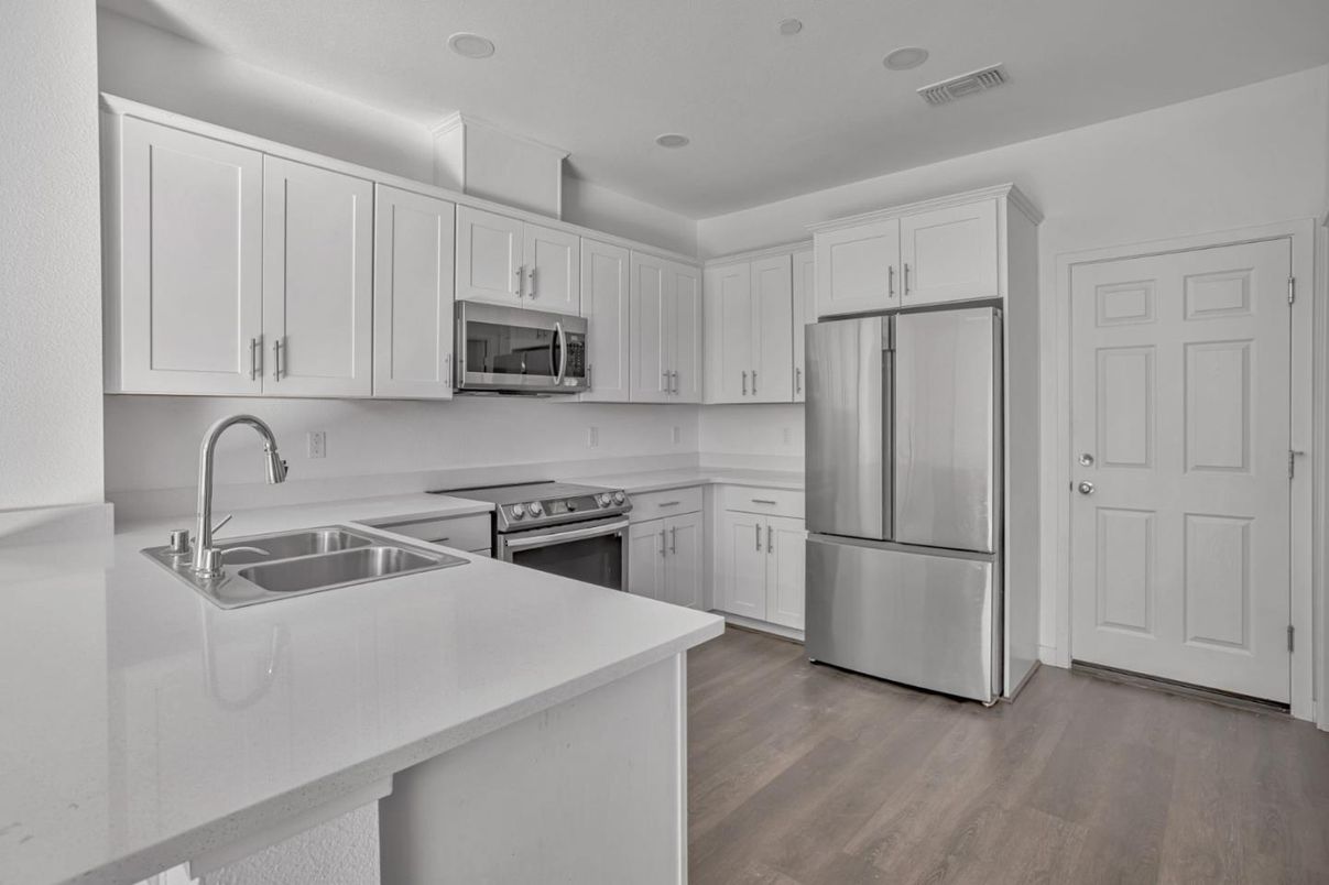 Interior, Kitchen, Recessed Lighting, Stainless Steel Appliances, Wood Texture Flooring