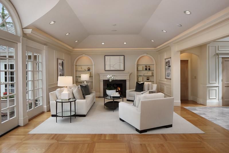 Fireplace, Interior, Living room, Recessed Lighting, Wood Texture Flooring