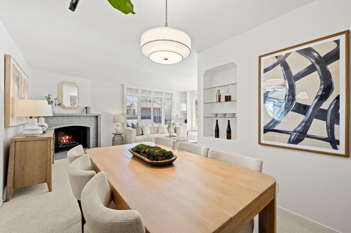 Dining room, Fireplace, Interior, Living room, Pendant Lights