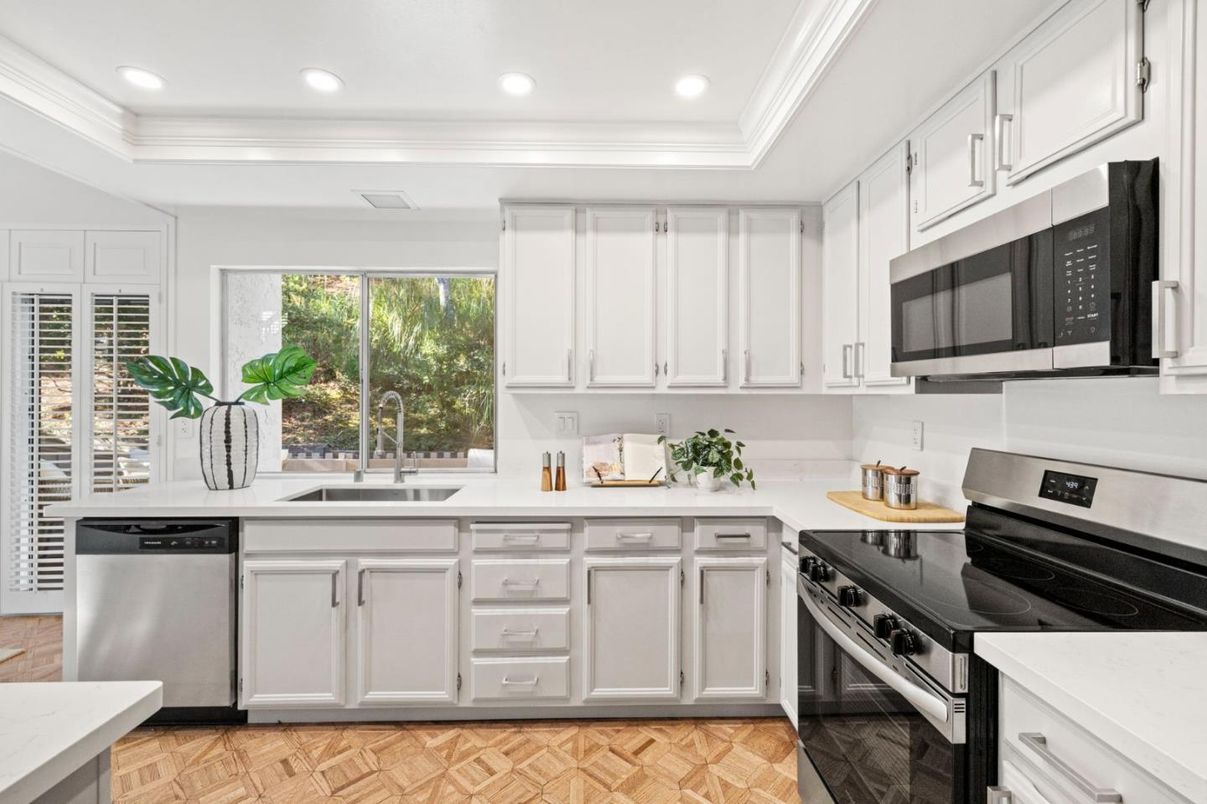 Interior, Kitchen, Recessed Lighting, Stainless Steel Appliances, Wood Texture Flooring