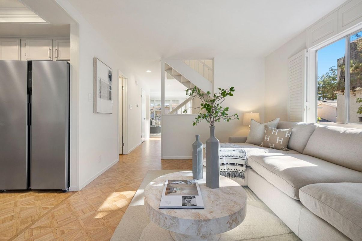 Interior, Living room, Recessed Lighting, Stainless Steel Appliances, Wood Texture Flooring