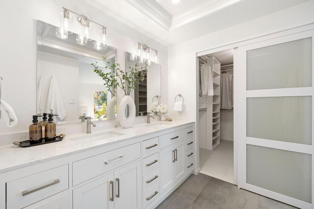 Bathroom, Dual Sink Vanities, Interior, Recessed Lighting, Walk-in Closets