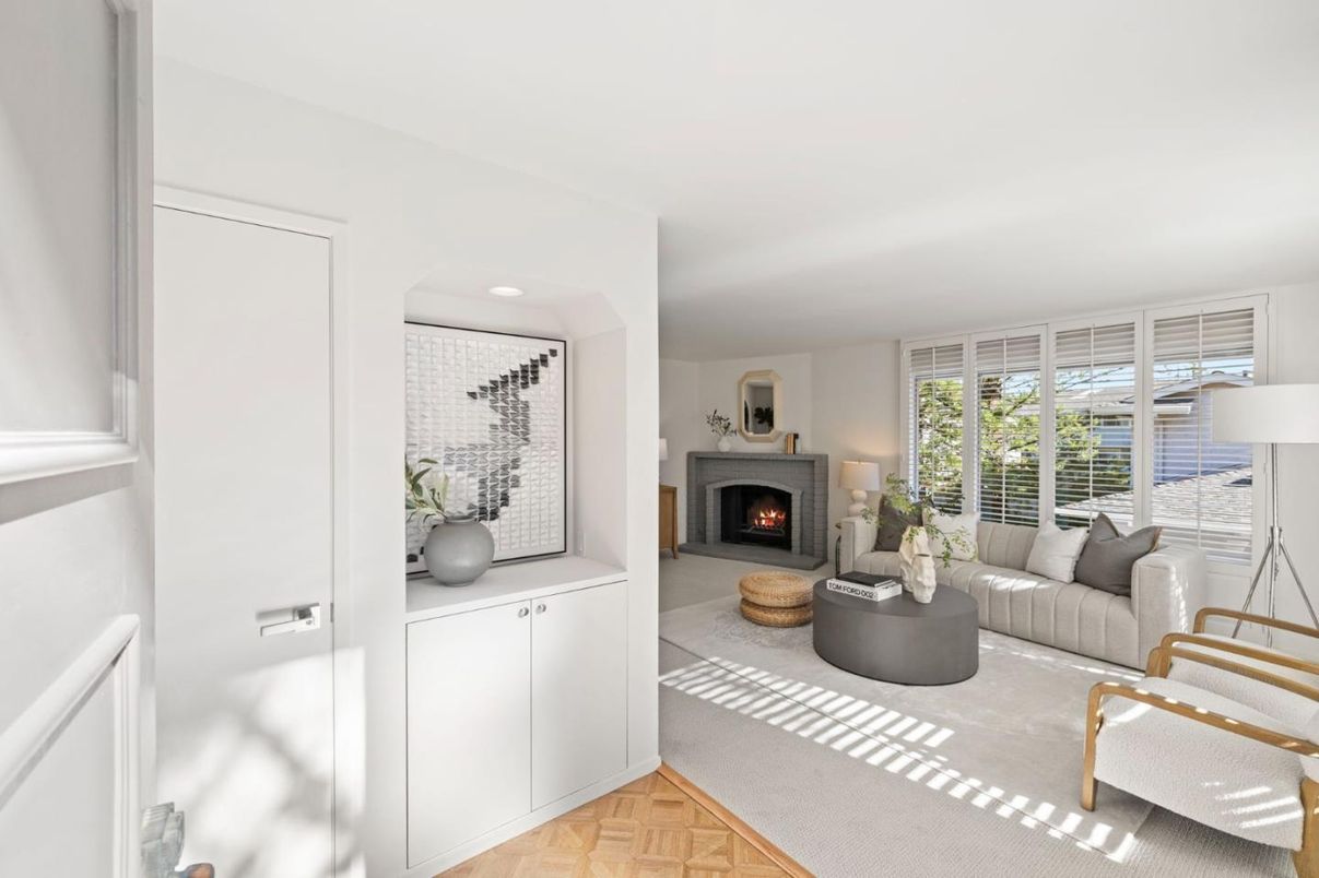 Fireplace, Interior, Living room, Recessed Lighting, Wood Texture Flooring