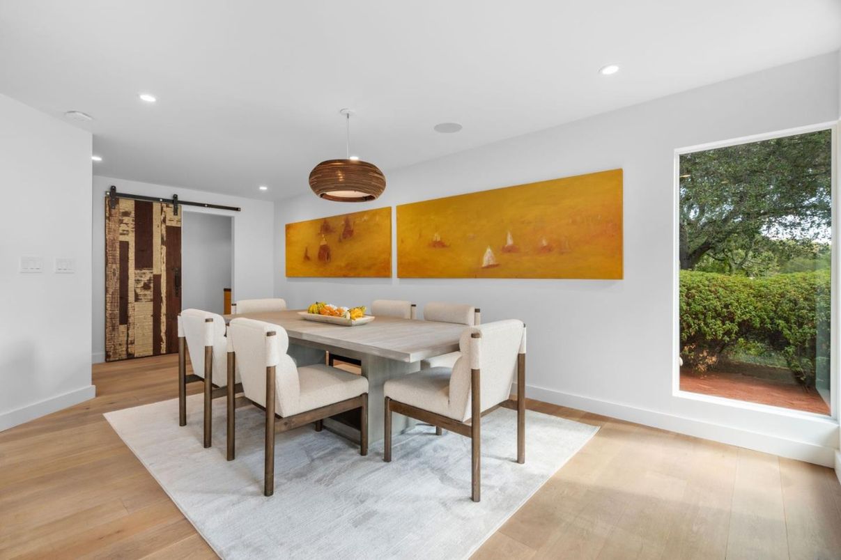 Dining room, Interior, Pendant Lights, Recessed Lighting, Wood Texture Flooring