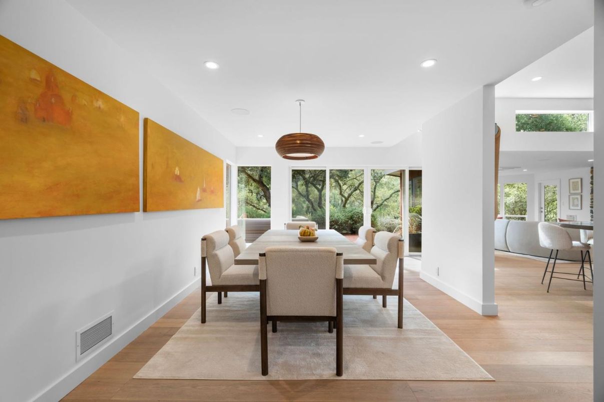 Dining room, Interior, Pendant Lights, Recessed Lighting, Wood Texture Flooring