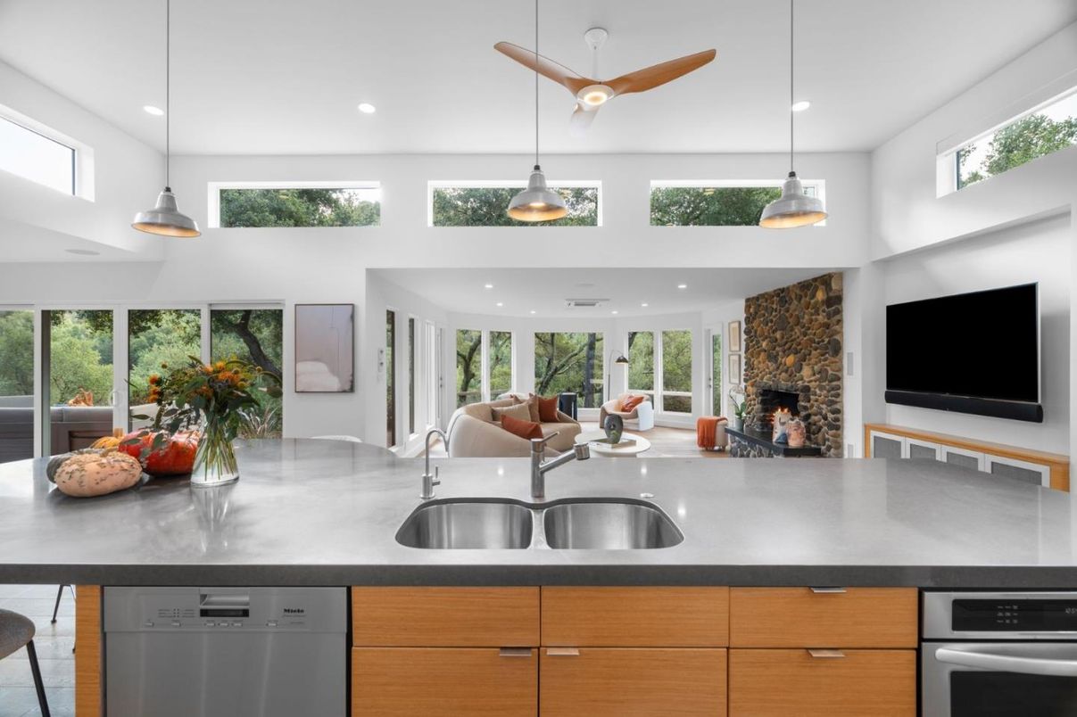 Fireplace, Interior, Kitchen, Pendant Lights, Recessed Lighting, Stone Walls