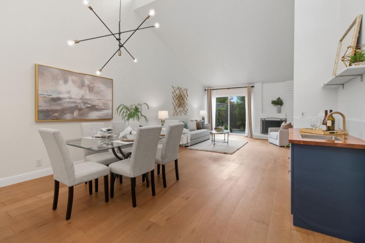 Dining room, Fireplace, Interior, Living room, Pendant Lights, Wood Texture Flooring