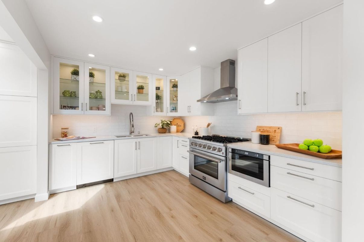 Interior, Kitchen, Recessed Lighting, Stainless Steel Appliances, Wood Texture Flooring